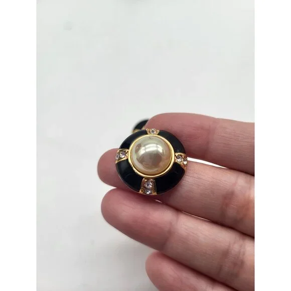 Vtg ROMAN COUTURE Black Enamel Rhinestone Cabochon Round Gold Tone Earrings - Picture 3 of 8